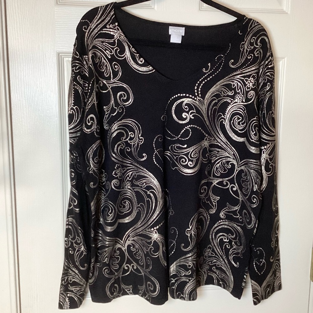 Chico's Black and Silver Swirl Long Sleeve Top - Size XL